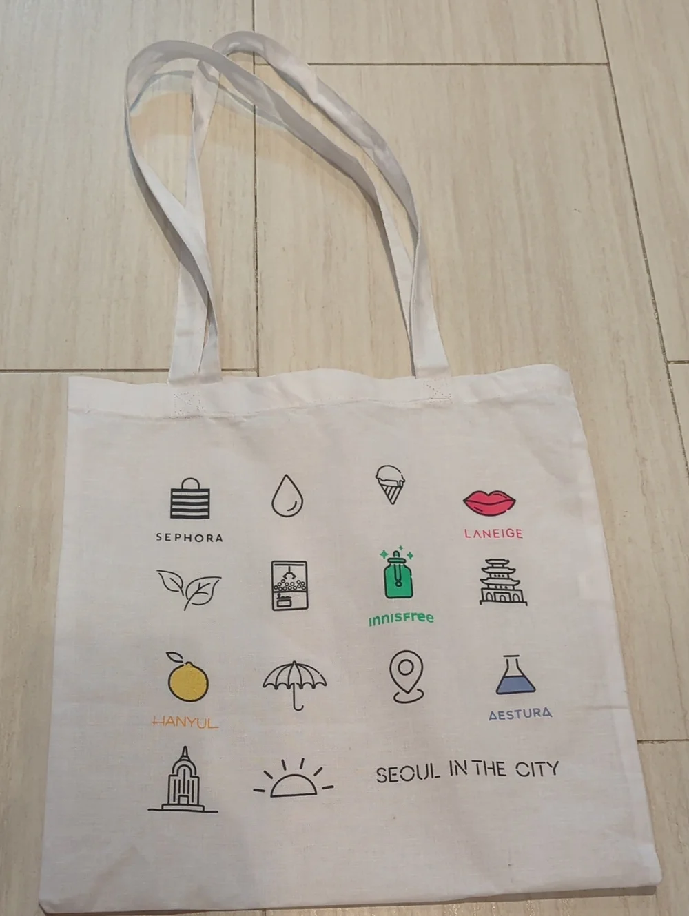 White Linen Tote Bag with Cosmetic Icons